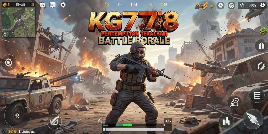 Screenshot menampilkan gameplay intens KG778 dalam pertempuran Battle Royale.