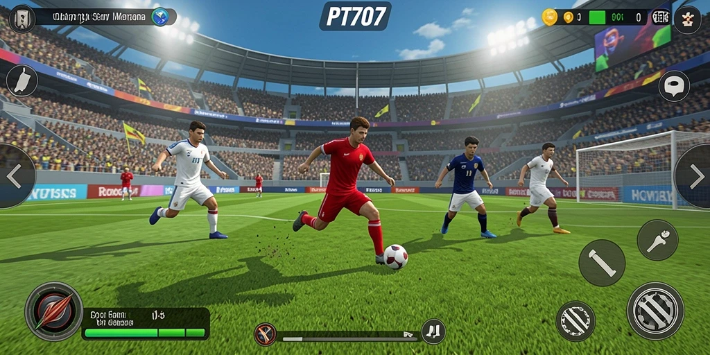 Screenshot dari gameplay PT707 menampilkan pertandingan olahraga yang mendebarkan.