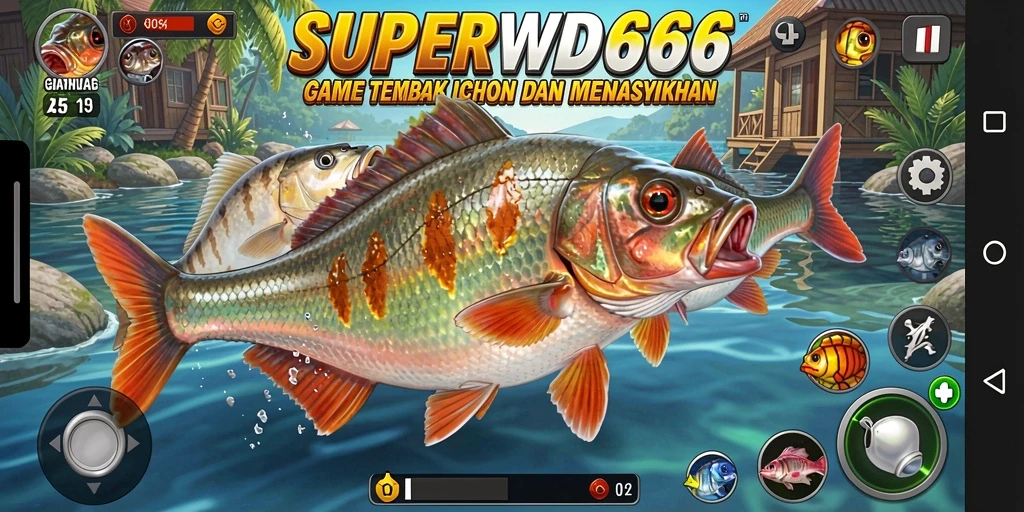Tangkapan layar gameplay SUPERWD666 yang menampilkan aksi menembak ikan.