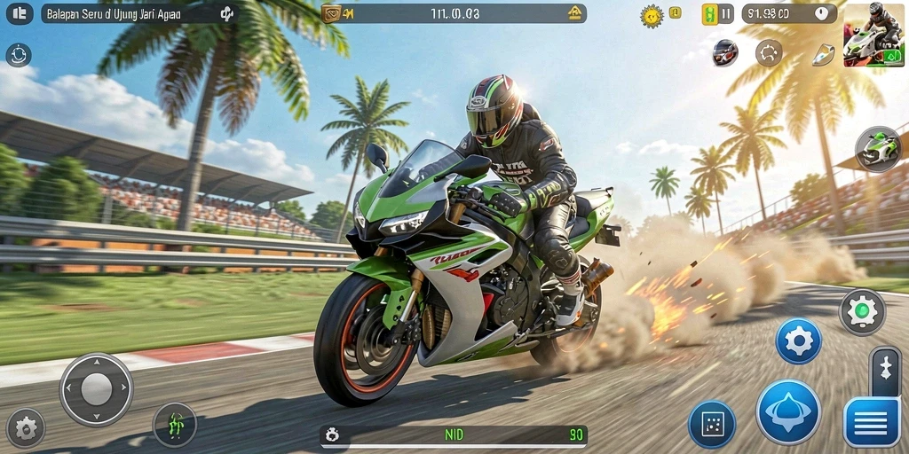 Tampilan balapan seru dalam gameplay V21 dengan motor kencang.
